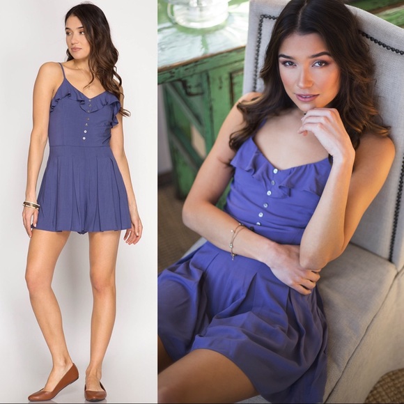 Button Front Romper Ruffle Short Blue Purple - Picture 5 of 6